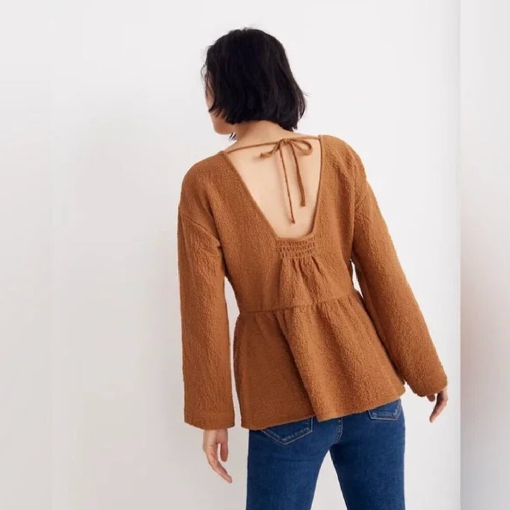 Madewell Francis Peplum Open-Back Crinkle Top in Rust‎ Brown, Size XS